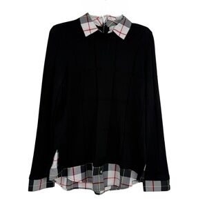 Foxcroft Pullover Sweater Size M Black Plaid Collar Cuffs Hem Long Sleeve Knit
